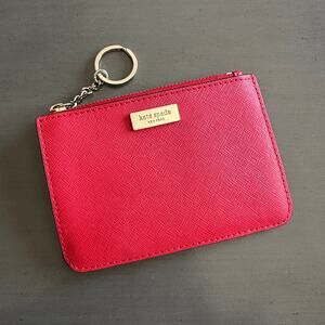 Kate Spade Bright Red Saffiano Leather Zip Top Card Holder Keychain Wallet